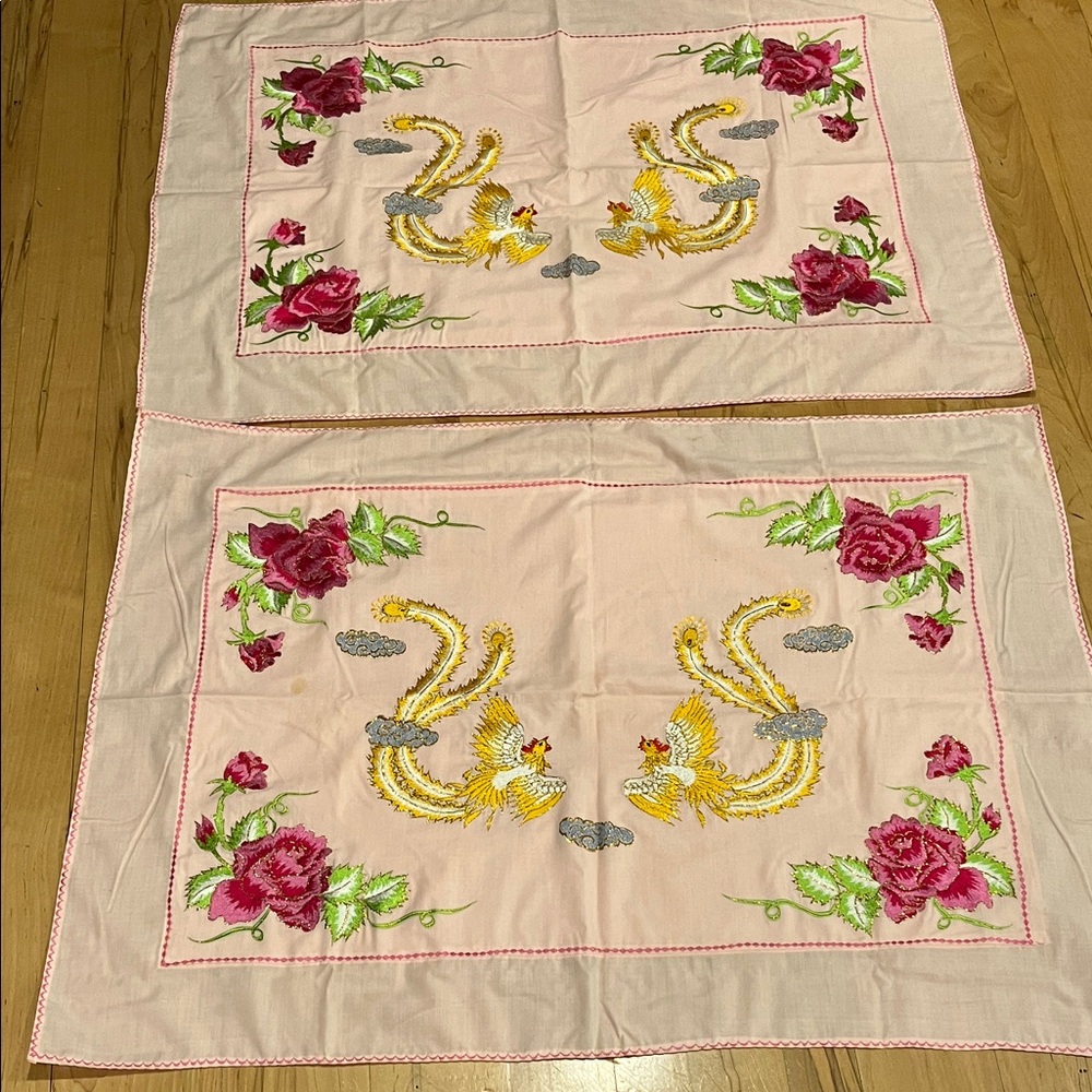 Set of 2 vintage Chinese silk embroidered birds & roses pillowcases pink cotton